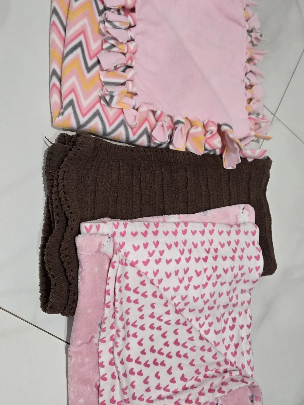 Pink Heart Print & Solid Brown Kids Blanket Set